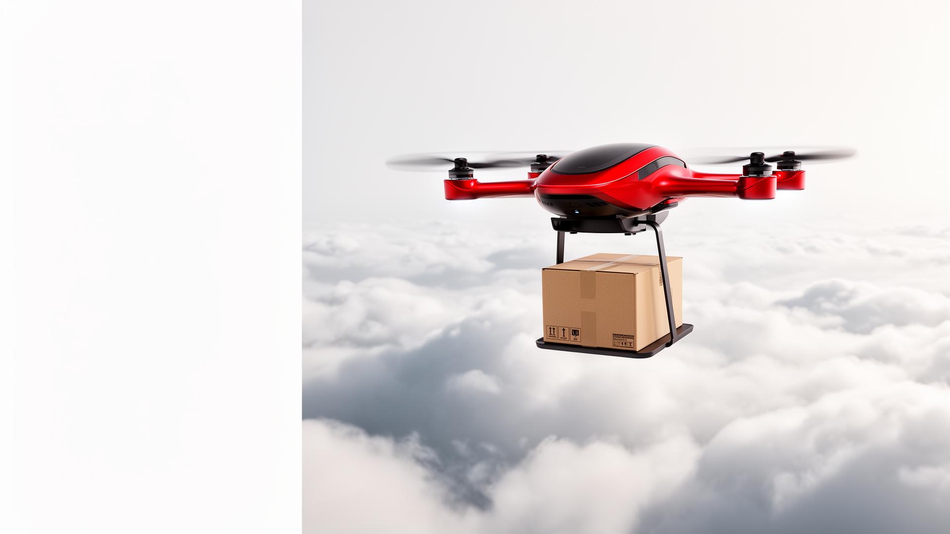 Red cargo drone delivering a parcel above the clouds